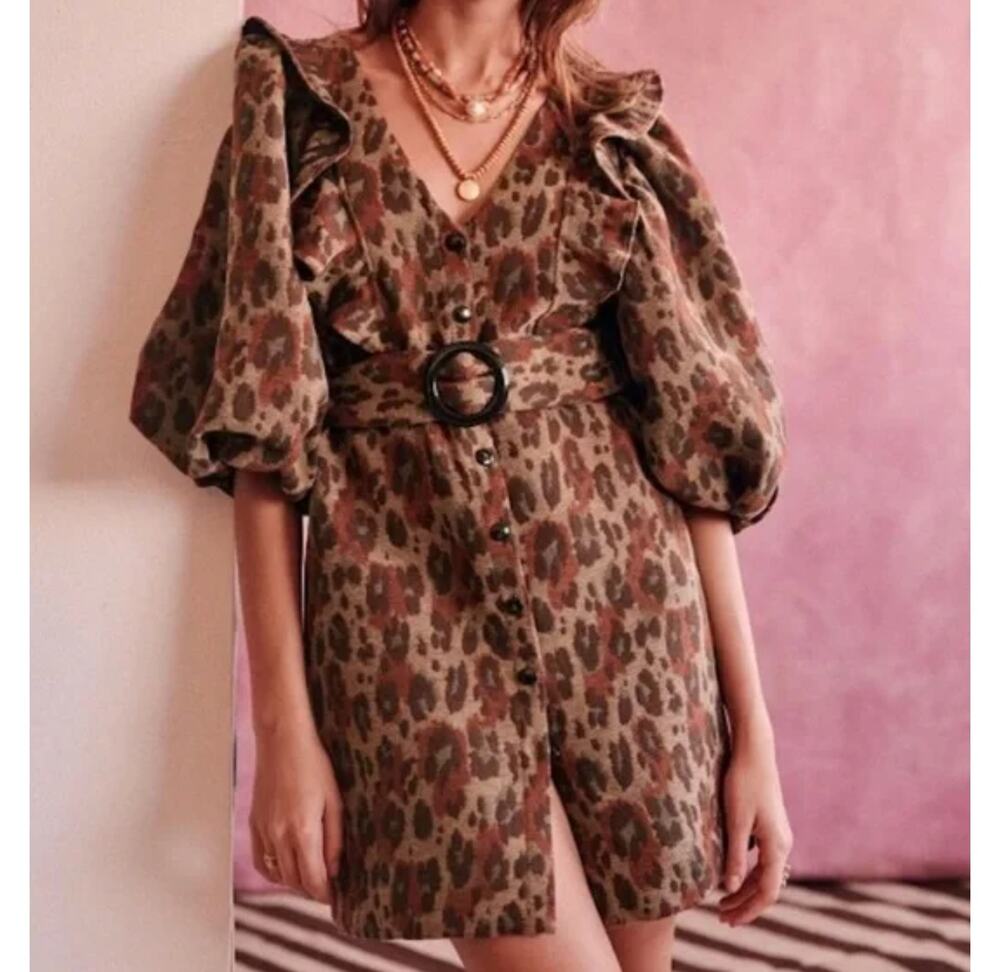 Sézane Robe Courte Lia Jacquard Leopard Bordeaux Dress Womens 38 Medium Sezane